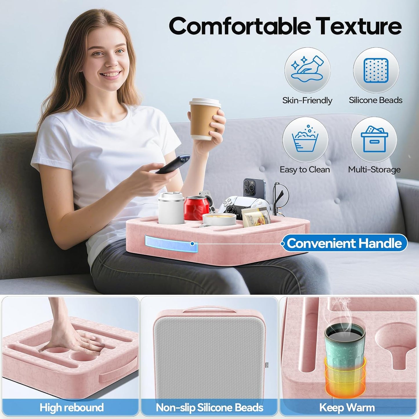 Couch Cup Holder Pillow, Sofa and Bed Caddy for iPad, Kindle, Switch, Game Controller, Remotes, Phones, Small-Sized Cup & Drink Holder for Couch, Bed, Desk, Car, Beach, Bathroom Cup Holder