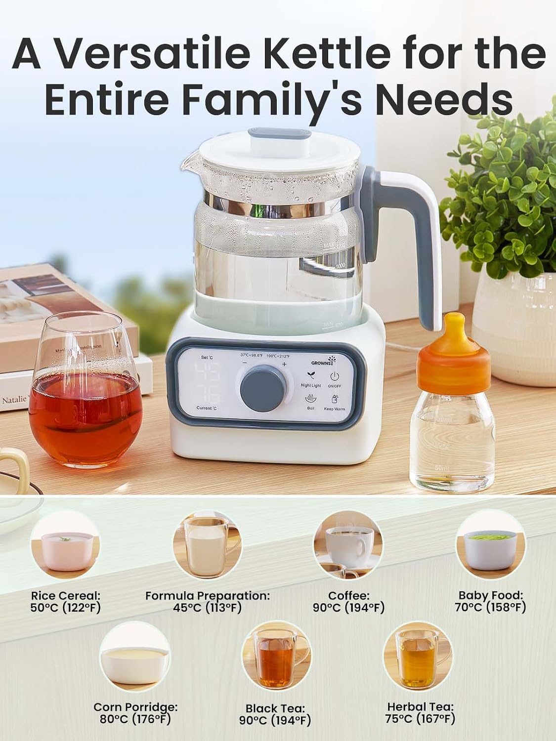 GROWNSY Baby Instant Warmer & Glass Water Boiler with LCD Display and Timer | Accurate Temperature Control for Formula, Coffee and Tea, 1.2 Liter Electric Kettle,Water Warmer for Baby Formula