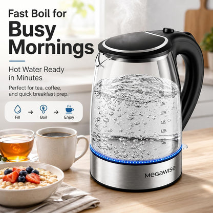MEGAWISE 1.8L Healthy Electric Kettle, 1800W Borosilicate Glass Tea Kettle with Food Grade Material, Auto Shut-Off and Boil-Dry Protection Cordless Kettle Fast Boiling, BPA Free