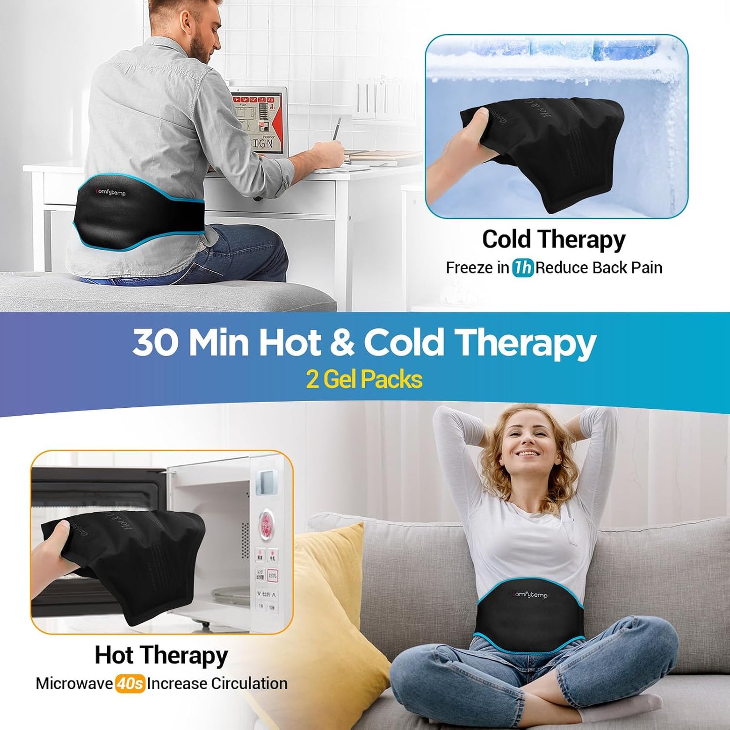 Comfytemp Ice Pack for Back Pain Relief, 2 Pcs, Sciatica Ease Brace, Reusable Gel Lower Back Ice Wrap for Injuries, Hot Cold Compress for Lower Lumbar, Waist, Men Women After Surgery (Blue)