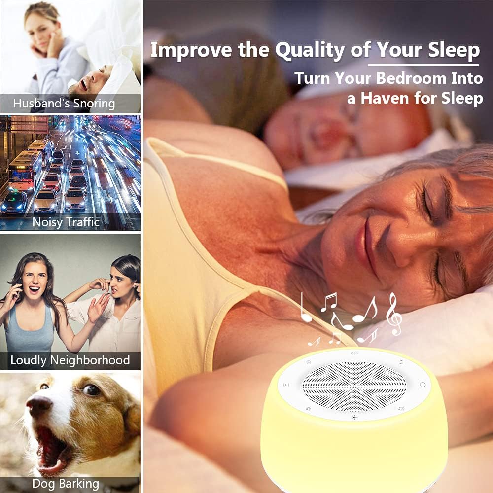 White Noise Machine with Night Lights, Sleep Sound Machine 32 Soothing Sounds for Baby Adults Kids Sleeping, Fan Wave Sound Lullaby, Timer and Memory Feature, RGB Color Touch Table Lamp