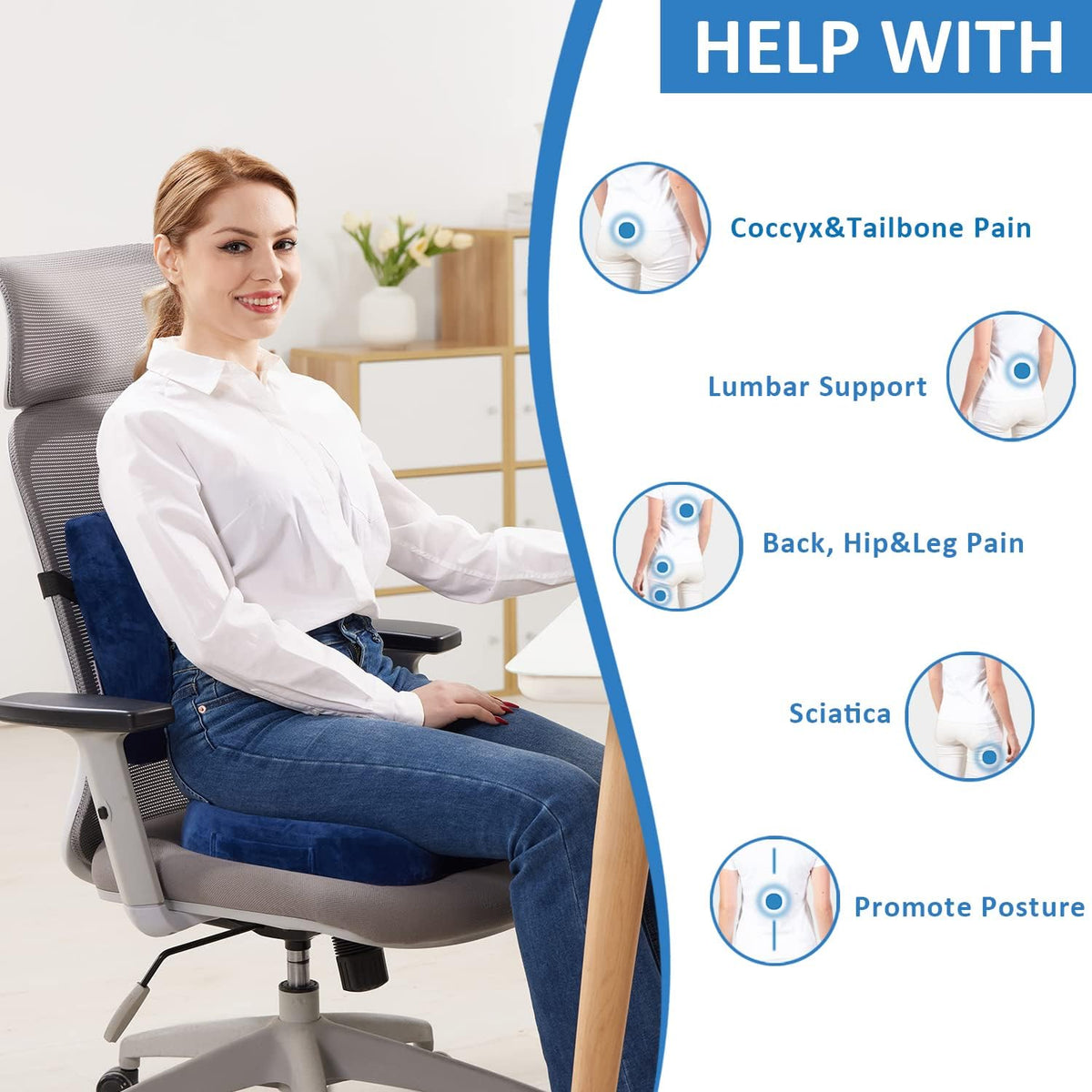 SAIREIDER Seat Cushion and Lumbar Support Pillow for Office Chair, Memory Foam Car Seat Cushions Back Support Pillows, Help Relieve Pain of Back, Lumbar, Tailbone and Sciatic Nerve（Black）