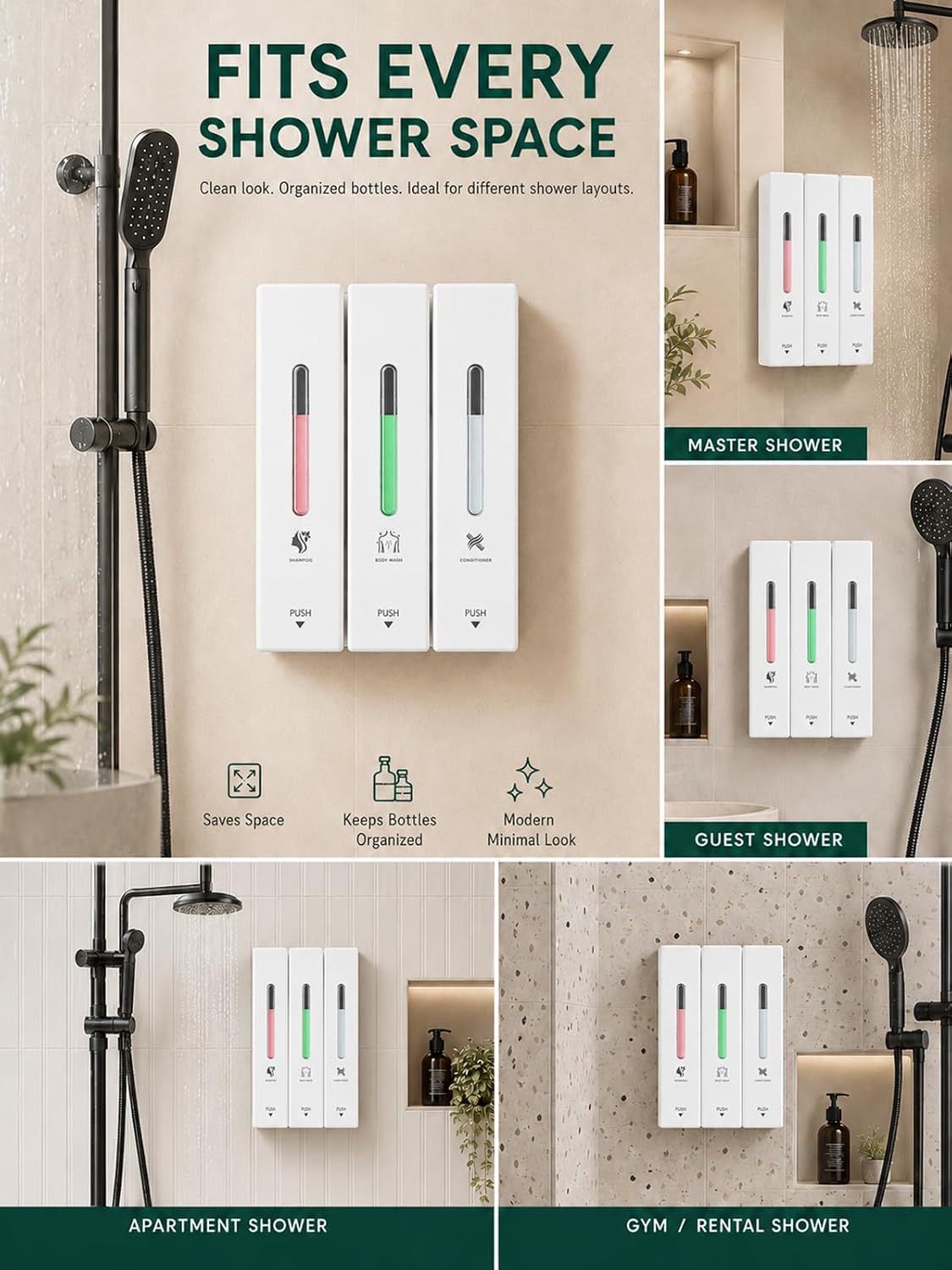 Shampoo and Conditioner Dispenser Wall Mounted, 3-Chamber Shower Soap Dispenser for Bathroom, 1200ML Large Capacity, No-Drill Installation, Clog-Free Pump for Thick Liquids (black-3-pack)