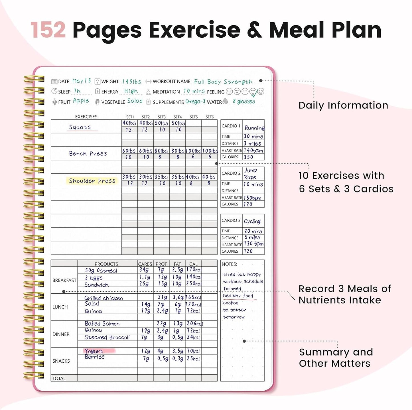 Fitness & Food Journal for Women, Undated 150-day Workout & Wellness Planner with Measuring Tape, Pink Weight Loss Journal for Setting Goals Tracking Exercise Training Diet Progress (9.5’’*7’’)