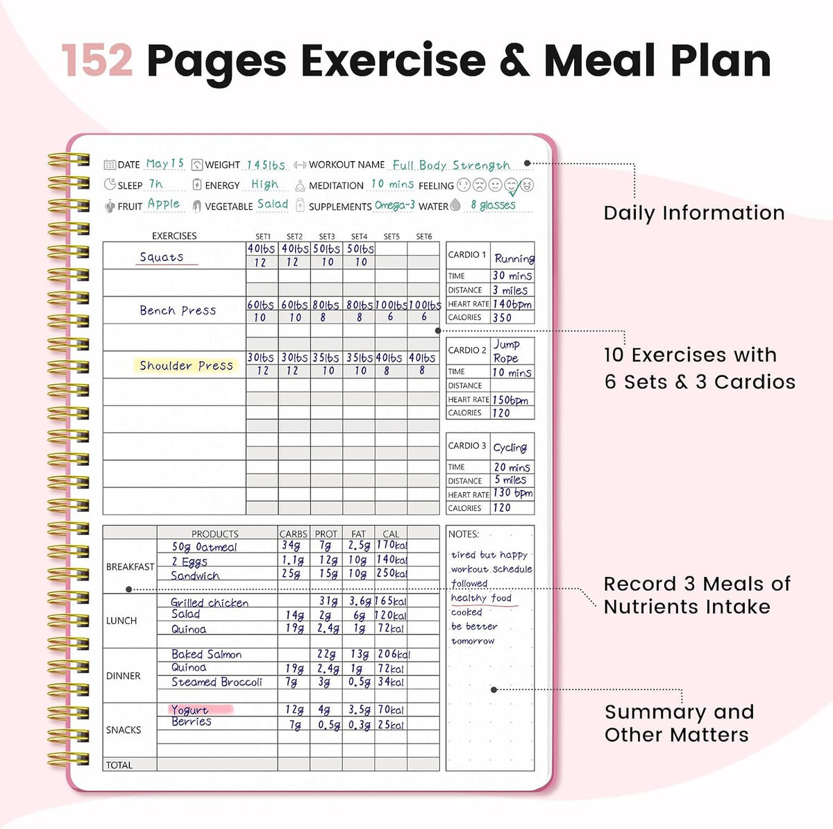 Fitness & Food Journal for Women, Undated 150-day Workout & Wellness Planner with Measuring Tape, Pink Weight Loss Journal for Setting Goals Tracking Exercise Training Diet Progress (9.5’’*7’’)