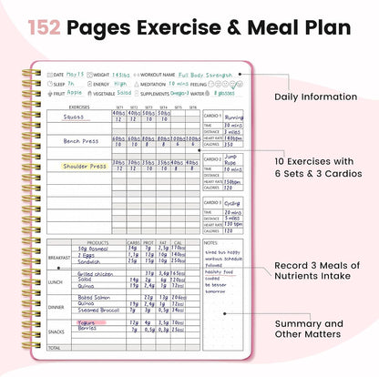 Fitness & Food Journal for Women, Undated 150-day Workout & Wellness Planner with Measuring Tape, Pink Weight Loss Journal for Setting Goals Tracking Exercise Training Diet Progress (9.5’’*7’’)