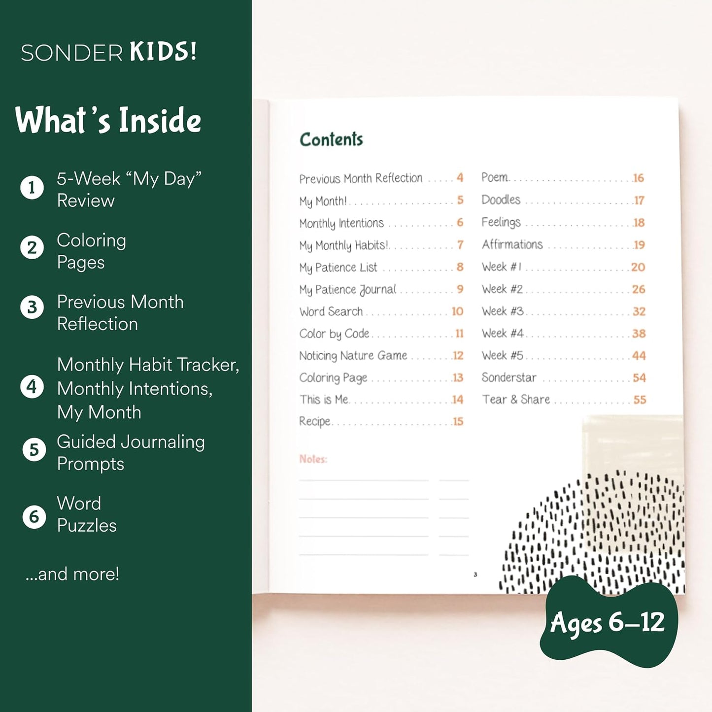 Sonder Kids Wellness Gratitude Journal - Kids Journal for Girls and Boys, Hands-On Activities like Crosswords, Coloring and Nature Prompts, Undated, Ages 6-12, 56 pages