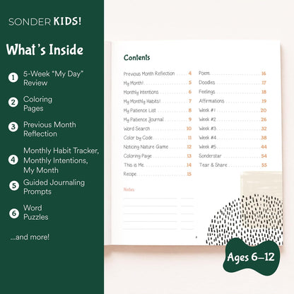 Sonder Kids Wellness Gratitude Journal - Kids Journal for Girls and Boys, Hands-On Activities like Crosswords, Coloring and Nature Prompts, Undated, Ages 6-12, 56 pages