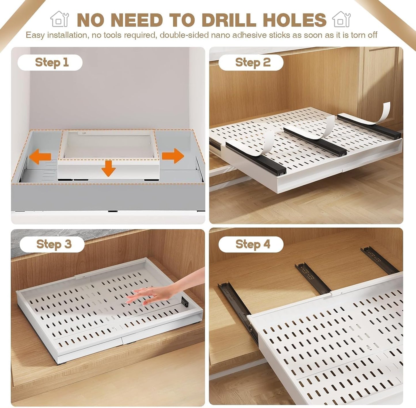 Seinloes Pull Out Cabinet Organizer, 4-Side Expandable to Fit Most Cabinets, 3 Rail Slide Out Drawers with Raising Pad for Framed & Frameless Cabinets, 13"-21" W x 17"-24" D, White, 2 Pack