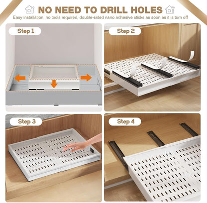Seinloes Pull Out Cabinet Organizer, 4-Side Expandable to Fit Most Cabinets, 3 Rail Slide Out Drawers with Raising Pad for Framed & Frameless Cabinets, 13"-21" W x 17"-24" D, White, 2 Pack