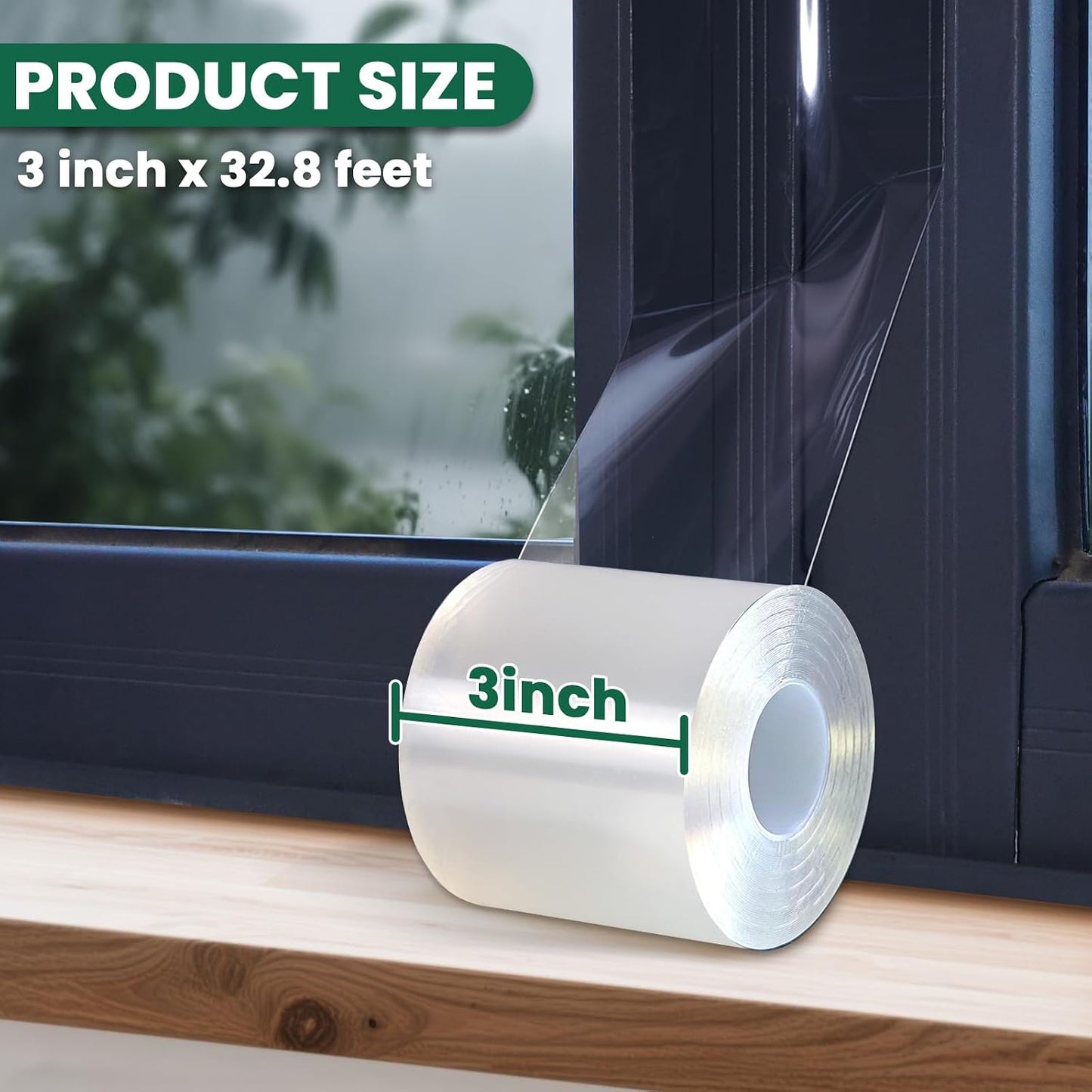 Window Sealing Tape, 20 Mil Thick Window AC Insulation Sealing Draft Tape | 3 inch X 33 FT, Blocker for Cold Heat Air, Waterproof Tape for Repair, Heavy Duty No Residue (Clear)
