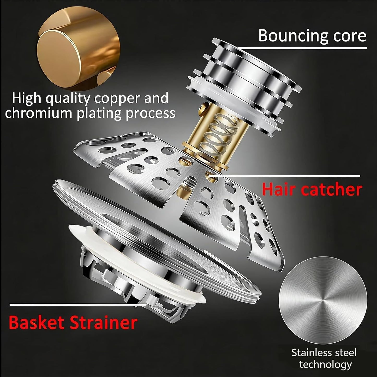 AzWzz Universal Tub Stopper Bathtub Drain Plug, Pop Up Tub Drain Hair Catcher, Drain Cover with Strainer, for 1-3/8 to 2in Bath Drain Hole