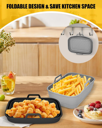 Collapsible Air Fryer Silicone Liners 2-Pack for Bella 4Qt Slim Air Fryer | (3.3lb Capacity), Reusable Airfryer Silicone Pot Rectangle,Nonstick Baking Basket Insert for Air Frier Accessories,Gray+Black