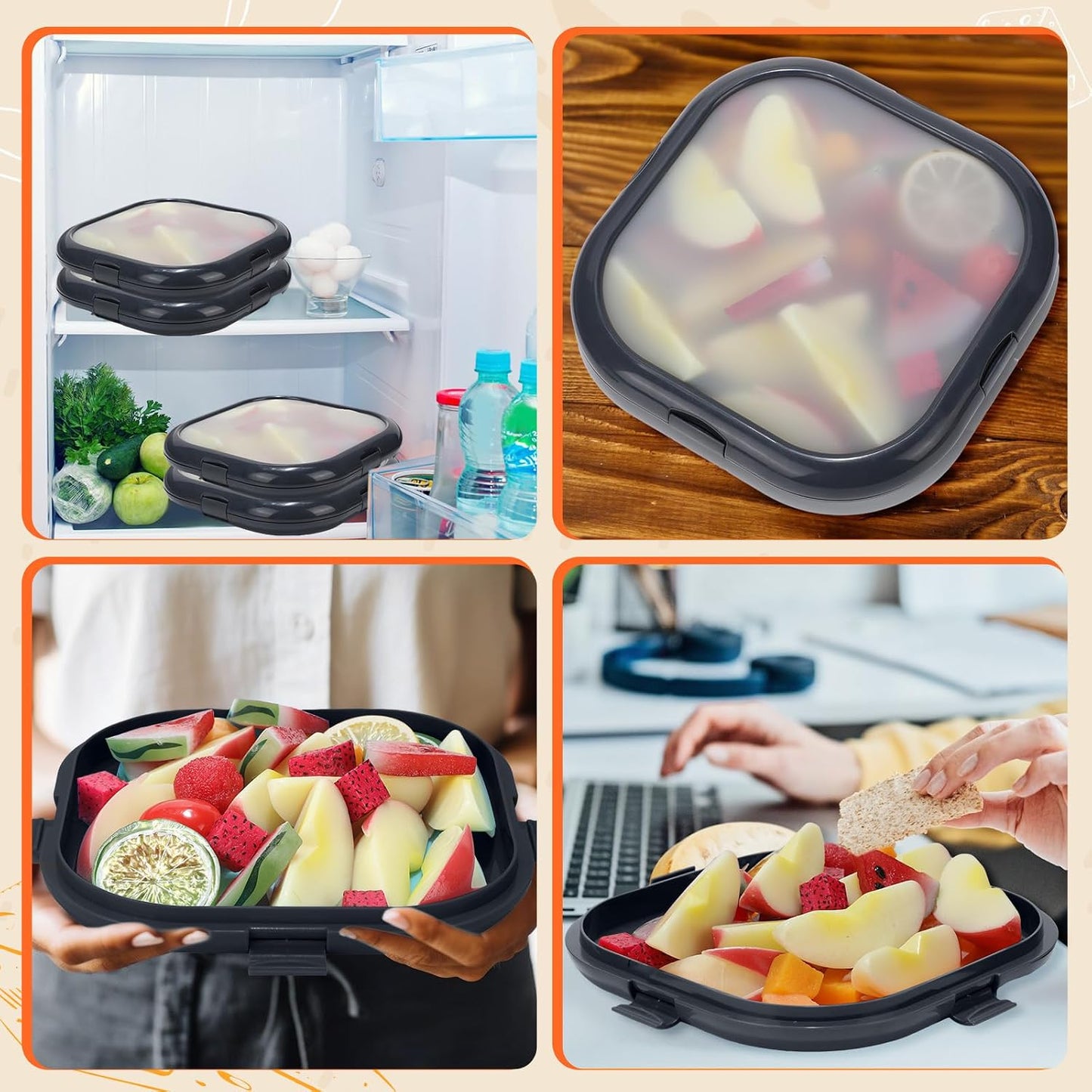 Nuogo 4 Pcs Silicone Food Storage Containers, Fruit Storage Box, Onion Keeper, Avocado Saver, Kitchen Organizers for Fridge, Fresh-keeping Design(Red, White,Orange,7.9 x 7.9 x 1.4 Inches)