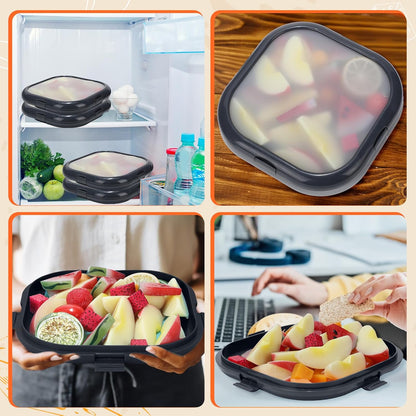 Nuogo 4 Pcs Silicone Food Storage Containers, Fruit Storage Box, Onion Keeper, Avocado Saver, Kitchen Organizers for Fridge, Fresh-keeping Design(Red, White,Orange,7.9 x 7.9 x 1.4 Inches)