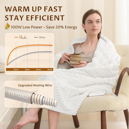 Heated Throw Blanket, 5 Heat Levels, 3 Hours Auto-Off, White | ETL & FCC certified, 50" × 60", OEKO-TEX fabric, machine washable, 100W low energy