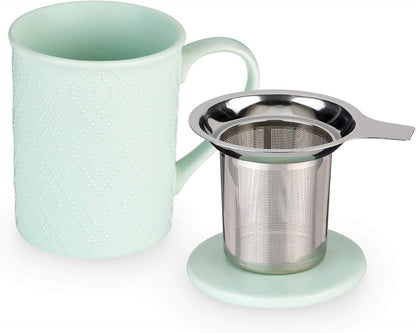 Pinky Up Annette Ceramic Tea Cup with Infuser and Lid, Travel Mug for Loose Leaf Teas, Home Office, Camping, Picnic Party, 12 oz, Set of 1, Honeycomb