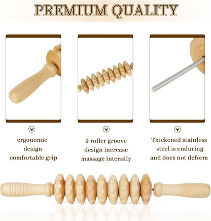 Liitrton Manual Wooden Massage Roller Stick for Muscle Relief, 11-Wheel
