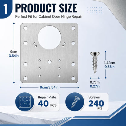 40 Cabinet Hinge Repair Plate Kit, Door Hinge Mounting Plate&Screws | Durable Stainless Steel Large Cabinet Fix Board for Kitchen Cabinet, Cupboard Doors and Furniture