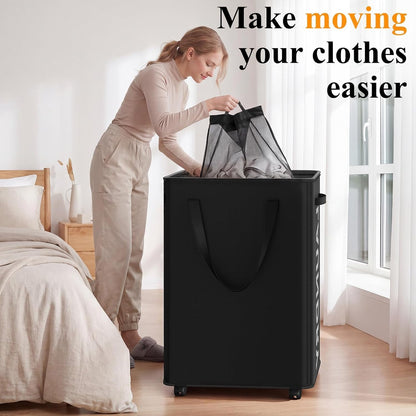 Optish Laundry Basket with Wheels, 90L Rolling Laundry Hamper with Wheels, Large Clothes Hamper on Wheel with Removable Mesh Bag for Bedroom, Dorm Room Essentials, Black