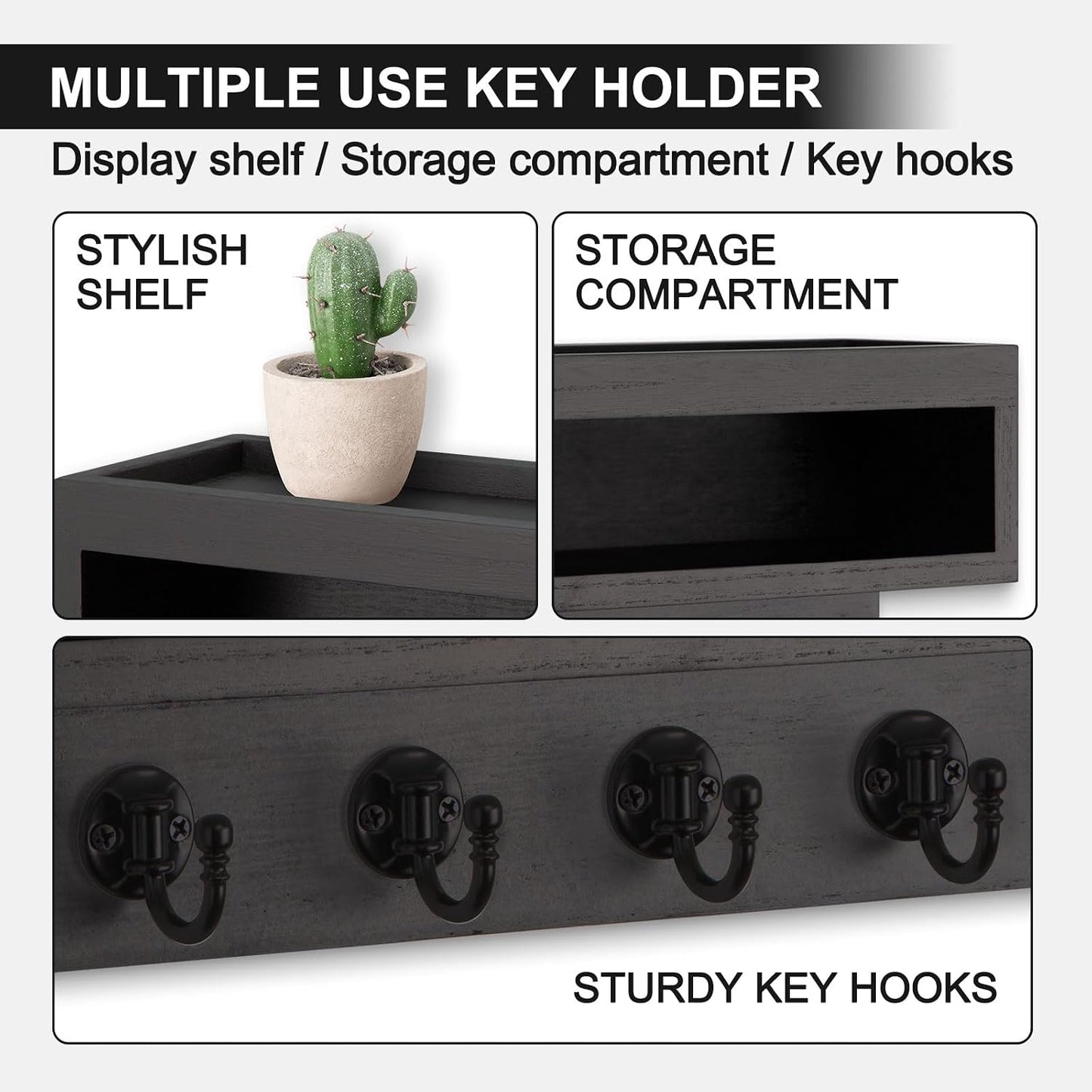 Key and Mail Holder Wall Mount with Long Storage Box and 6 Hooks | Key Holder For Coat, Dog Leash, Home Decor Rack, Entry Way Organizer