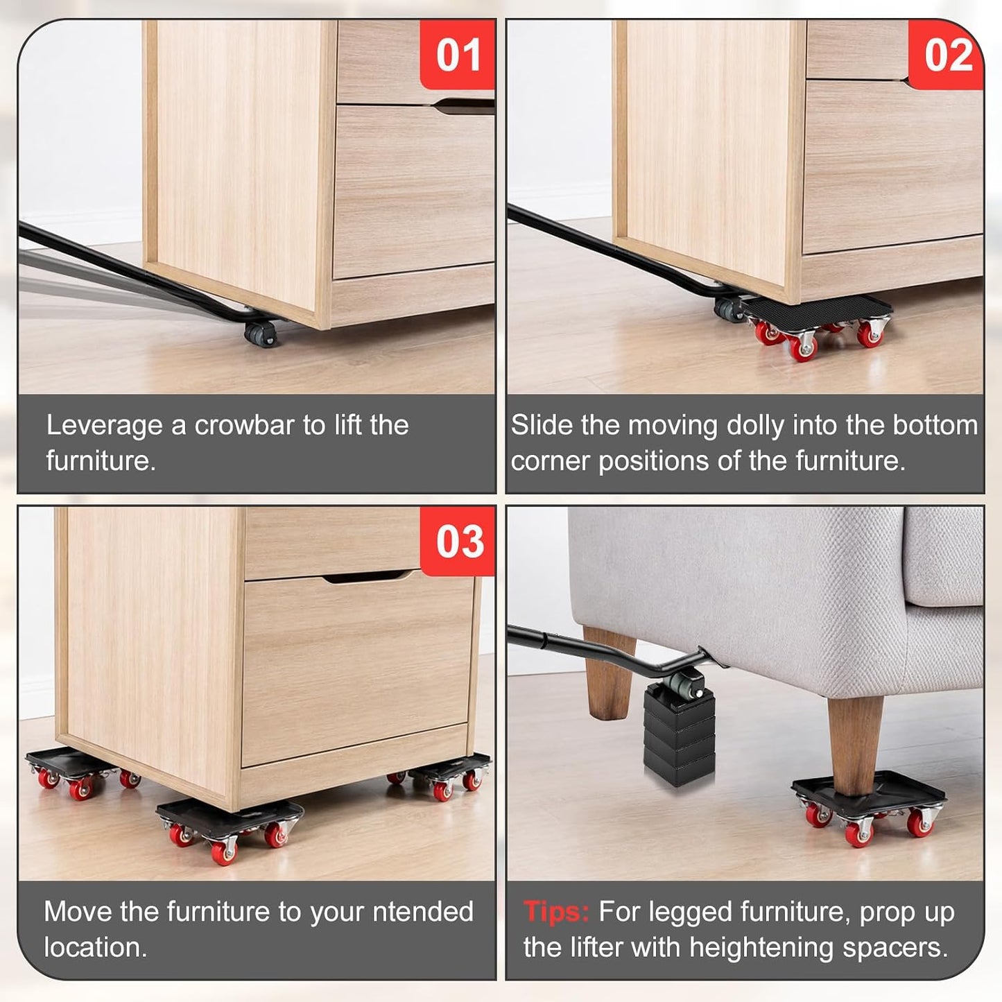 Furniture Dolly Set – Premium 5-Wheel Furniture Mover with Silent Rubber Casters & 1650 LBS Max Load, Heavy-Duty Furniture Mover with Lifter Tool for Moving Furniture