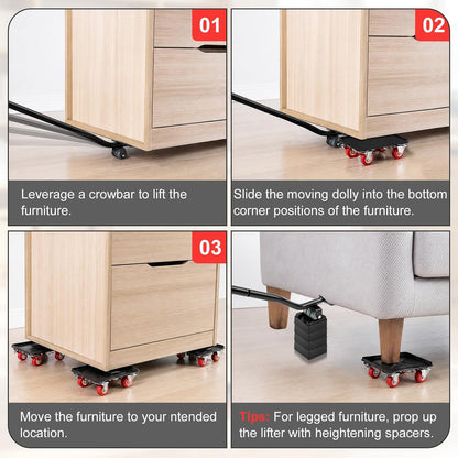 Furniture Dolly Set – Premium 5-Wheel Furniture Mover with Silent Rubber Casters & 1650 LBS Max Load, Heavy-Duty Furniture Mover with Lifter Tool for Moving Furniture