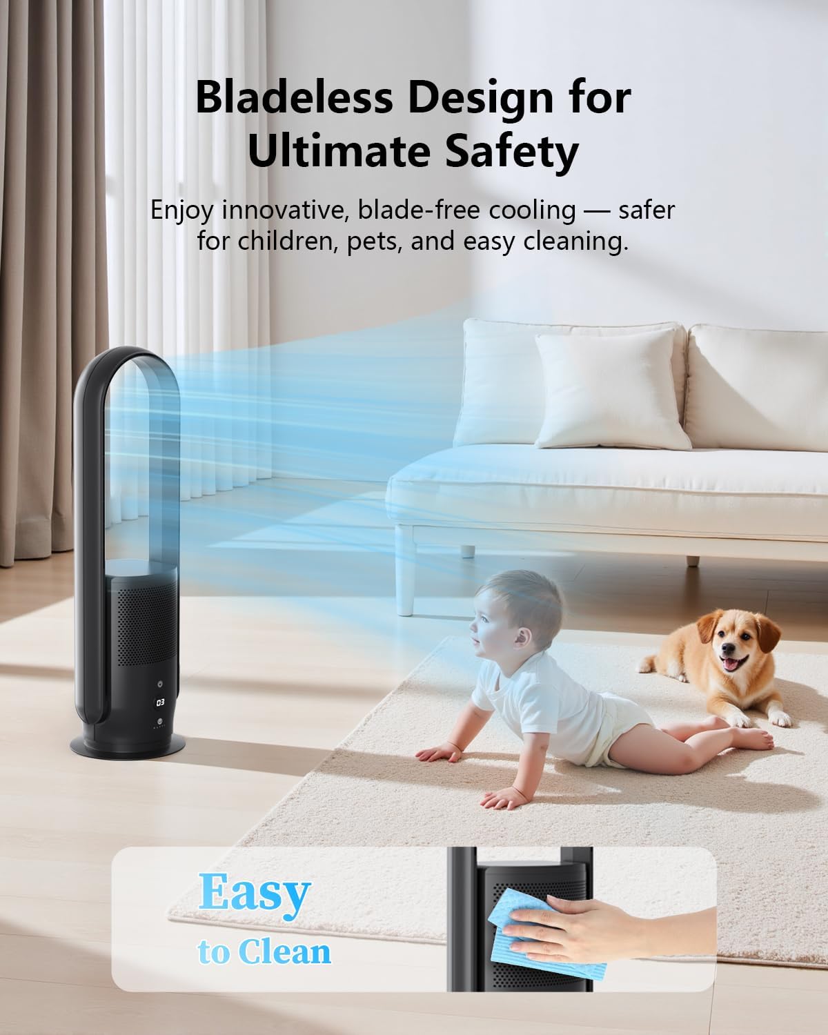 ULTTY Bladeless Tower Fan and Air Purifier Combo, Quiet Oscillating Fan with Remote & Touch Control, 9 Speeds, 8H Timer, HEPA Air Filter, Safe Floor Fan for Bedroom Home Office Black, 23.5"inch