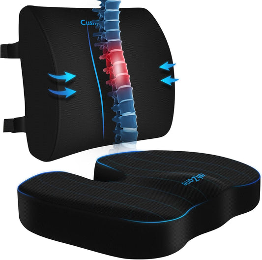 CushZone Seat Cushion and Lumbar Support Pillow for Office Chair, Black