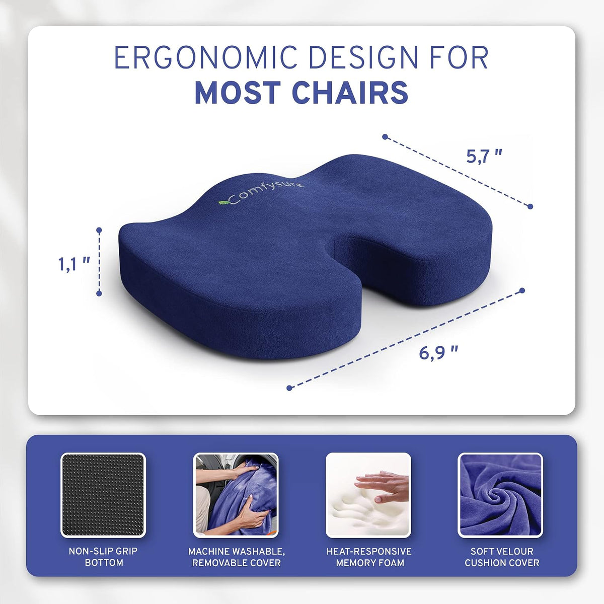 Memory Foam Seat Cushion - Tailbone Pain Relief Cushion, Non-Slip Sciatica Pain Relief Pillow - Cushion for Office Chair, Car, Wheelchair, Computer, Desk Chair - Coccyx, Lower Back Support (Navy)