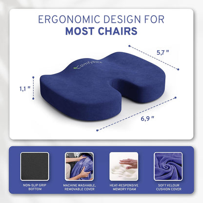 Memory Foam Seat Cushion - Tailbone Pain Relief Cushion, Non-Slip Sciatica Pain Relief Pillow - Cushion for Office Chair, Car, Wheelchair, Computer, Desk Chair - Coccyx, Lower Back Support (Navy)
