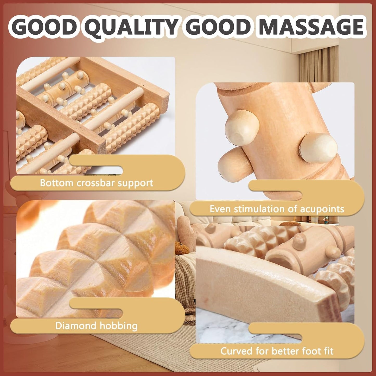 Wooden Foot Massage Roller, Wood Foot Roller for Plantar Fasciitis, Manual Physical Foot Therapy Roller Massage Tools for Feet Pain Relief Muscle Relaxation Men Women Elderly (5 Row Dual Gear)