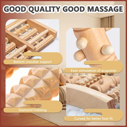 Wooden Foot Massage Roller, Wood Foot Roller for Plantar Fasciitis, Manual Physical Foot Therapy Roller Massage Tools for Feet Pain Relief Muscle Relaxation Men Women Elderly (5 Row Dual Gear)