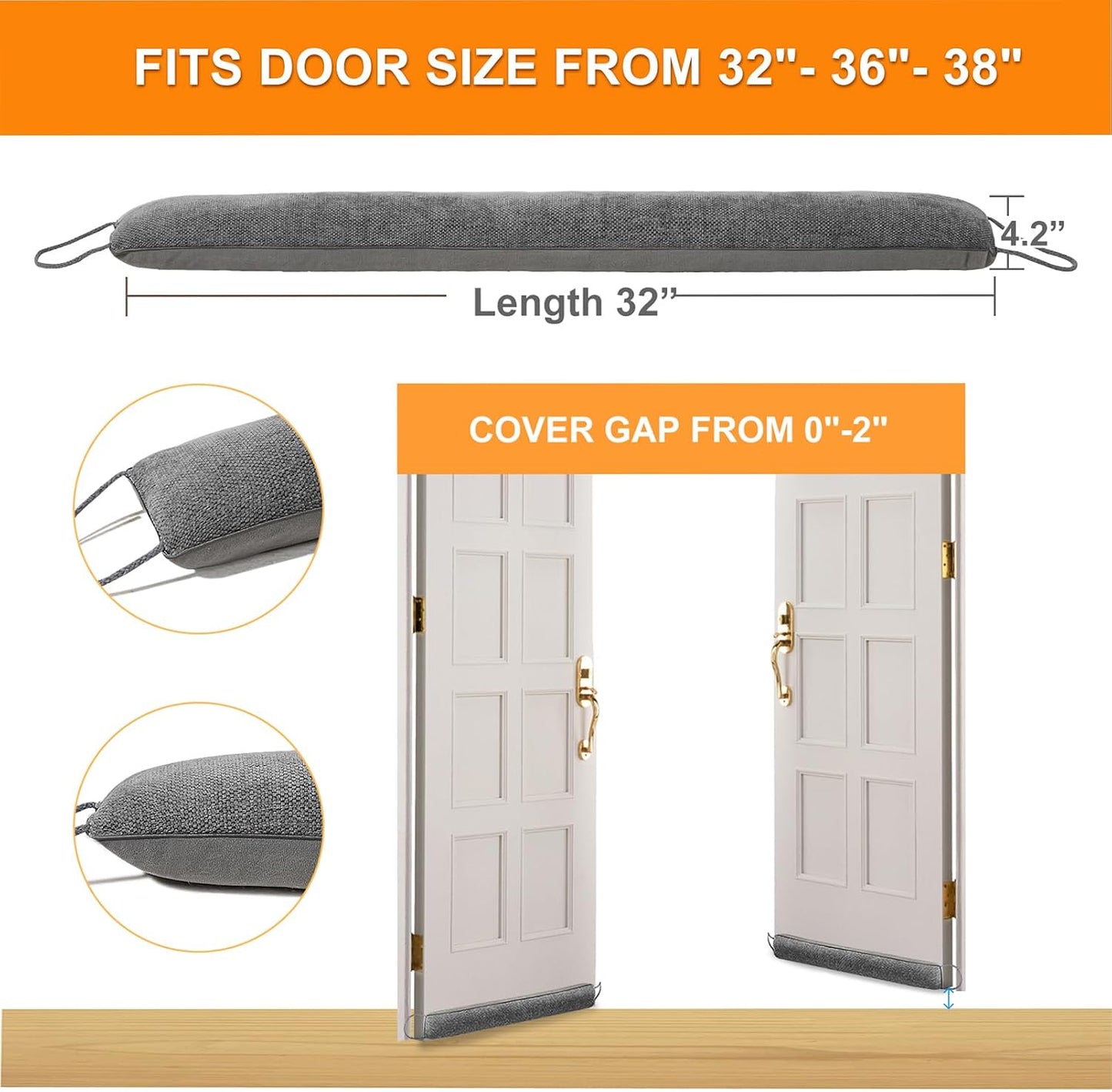 Weighted Door Draft Stopper, Grey, 32inch | Under Door Noise Blocker, Front Door Insulation, Weatherproof Strip, Energy Efficient