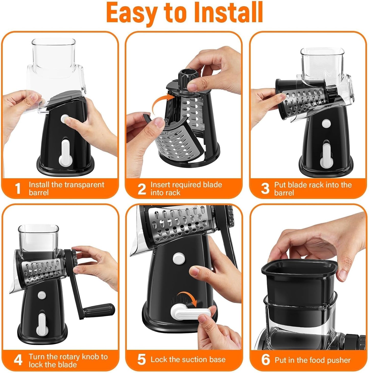 Rotary Cheese Grater Hand Crank with 5 Interchangeable Blades, Vegetable Slicer Chopper for Fruit Vegetable Nuts, Mandoline Slicer for Kitchen with Blades Rack & Suction Base, White