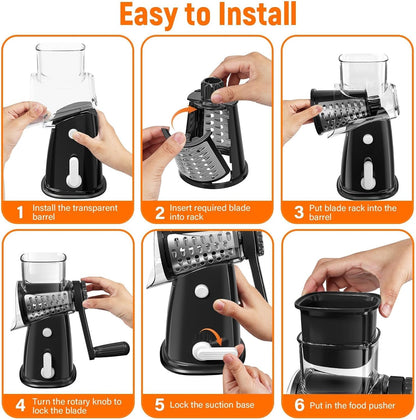 Rotary Cheese Grater Hand Crank with 5 Interchangeable Blades, Vegetable Slicer Chopper for Fruit Vegetable Nuts, Mandoline Slicer for Kitchen with Blades Rack & Suction Base, White