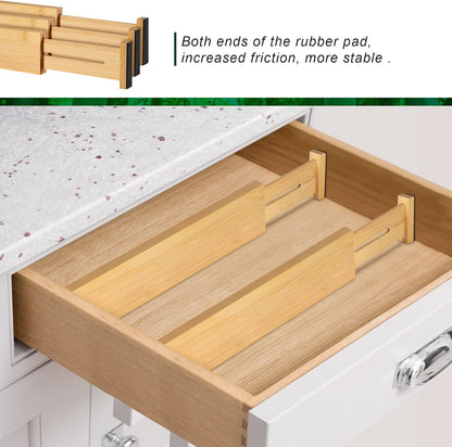 4 Pack Bamboo Drawer Dividers Organizer with Inserts 2.6'' High | Expandable from 12.5-21.7", Adjustable Drawer Organizer Separators for Utensils, Clothing, Office, Dresser, Bedroom, (Beige)