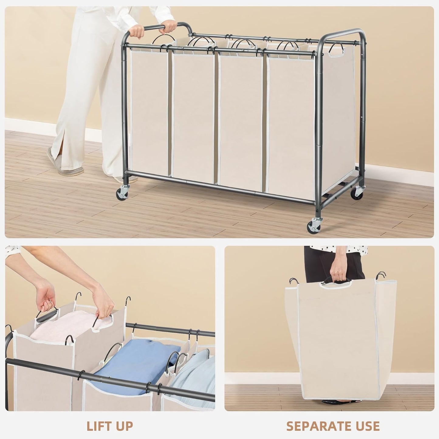 STORAGE MANIAC 3 Section Laundry Sorter, 35.6 Gal (135 L) Laundry Hamper Cart with Heavy Duty Rolling Lockable Wheels and Removable Bags, Clothes Organizer Basket Separator Hamper, Gray