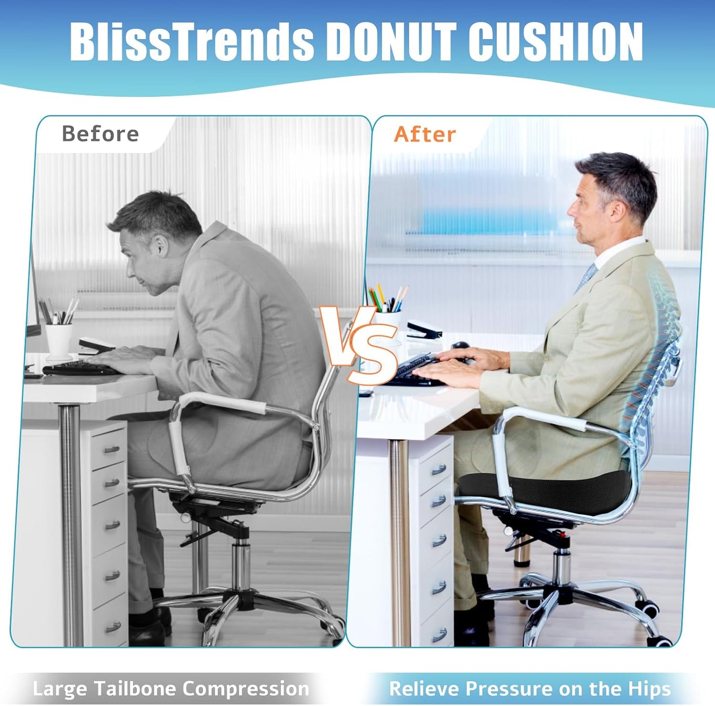 BlissTrends Donut Pillow Seat Cushion, Memory Foam Lifting Cushions(Black) | Donut Chair Cushions for Postpartum Pregnancy & Hemorrhoids,Tailbone Pain Relief Cushion for Office&Home Chairs