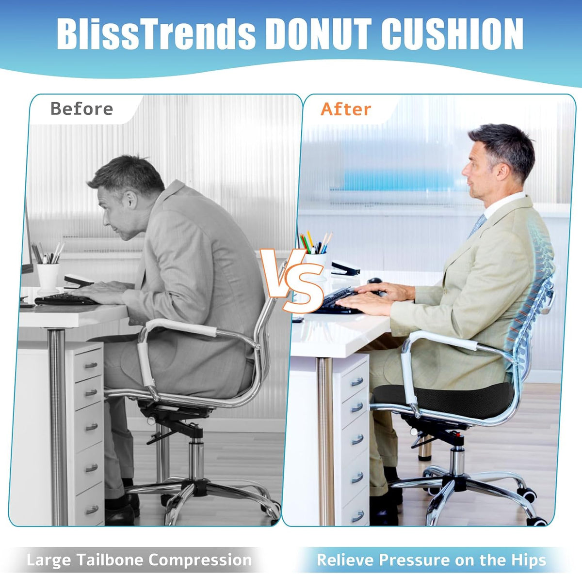 BlissTrends Donut Pillow Seat Cushion, Memory Foam Lifting Cushions(Black)