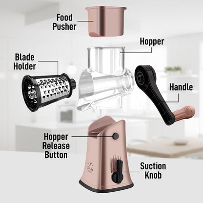 Zulay Kitchen Rotary Cheese Grater 5 Blade Cheese Shredder - Manual Hand Crank Cheese Grater With Reinforced Suction & 5 Interchangeable Drums - Easy to Use, Vegetable Chopper Round Mandoline Slicer - Colors B