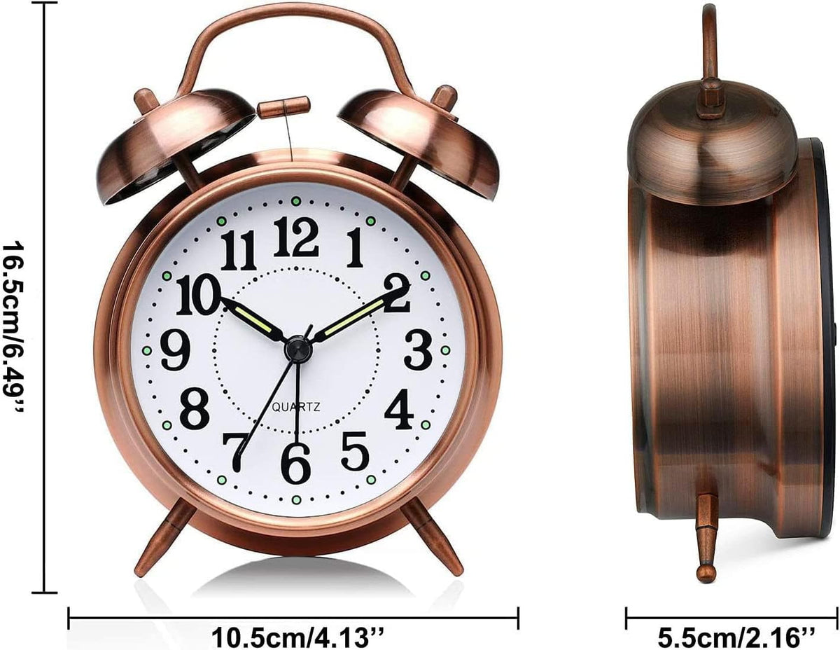 Azyh Loud Alarm Clock for Heavy Sleepers Adults, Metal 4 Inches Twin Bell Battery Operated Alarm Clocks for Bedrooms Decoration, Silent Non-Ticking, Back-to-School Gift (Red Brown)