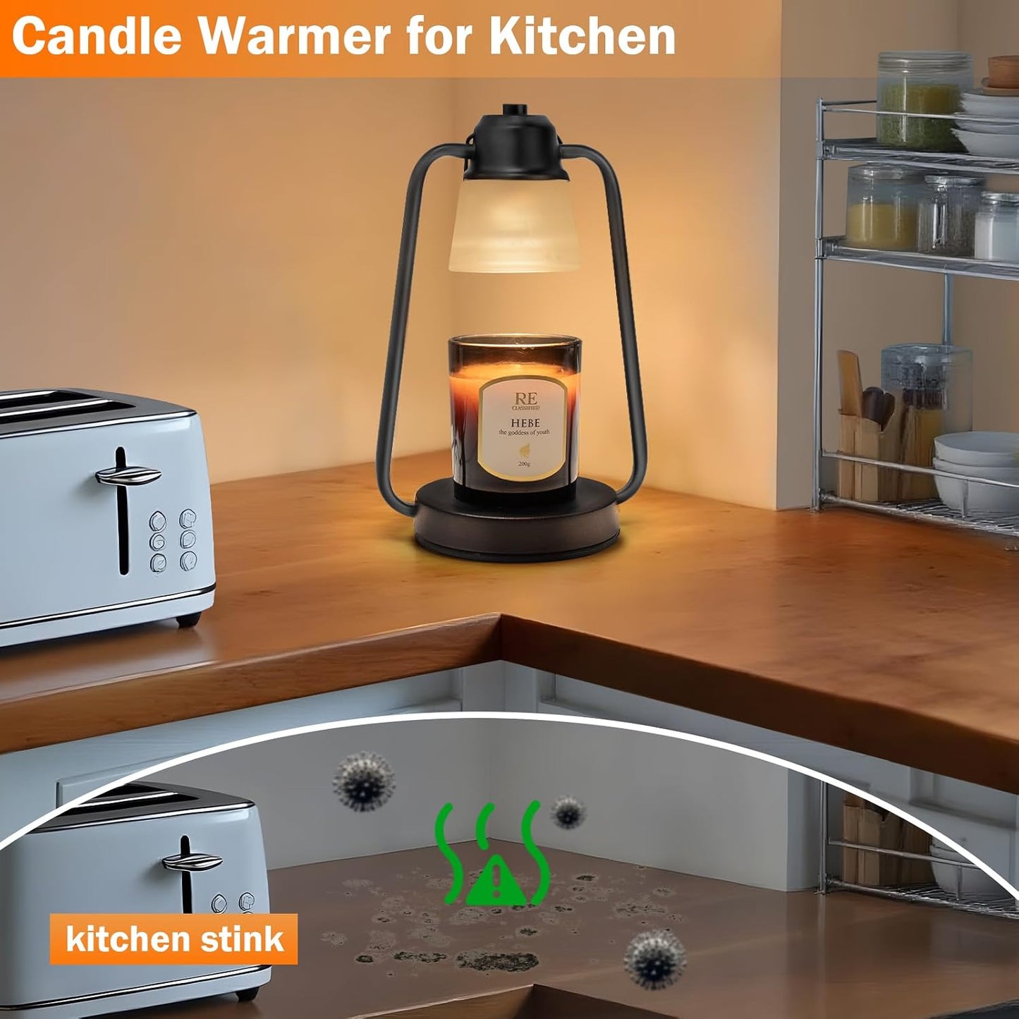 Flower Candle Warmer Lamp with Timer - Adjustable Height for Jar Candles | Metal and glass candle warmer with 4 brightness levels, 2/4/8-hour timer, adjustable 7.08-11.1 in pole and two 50W bulbs