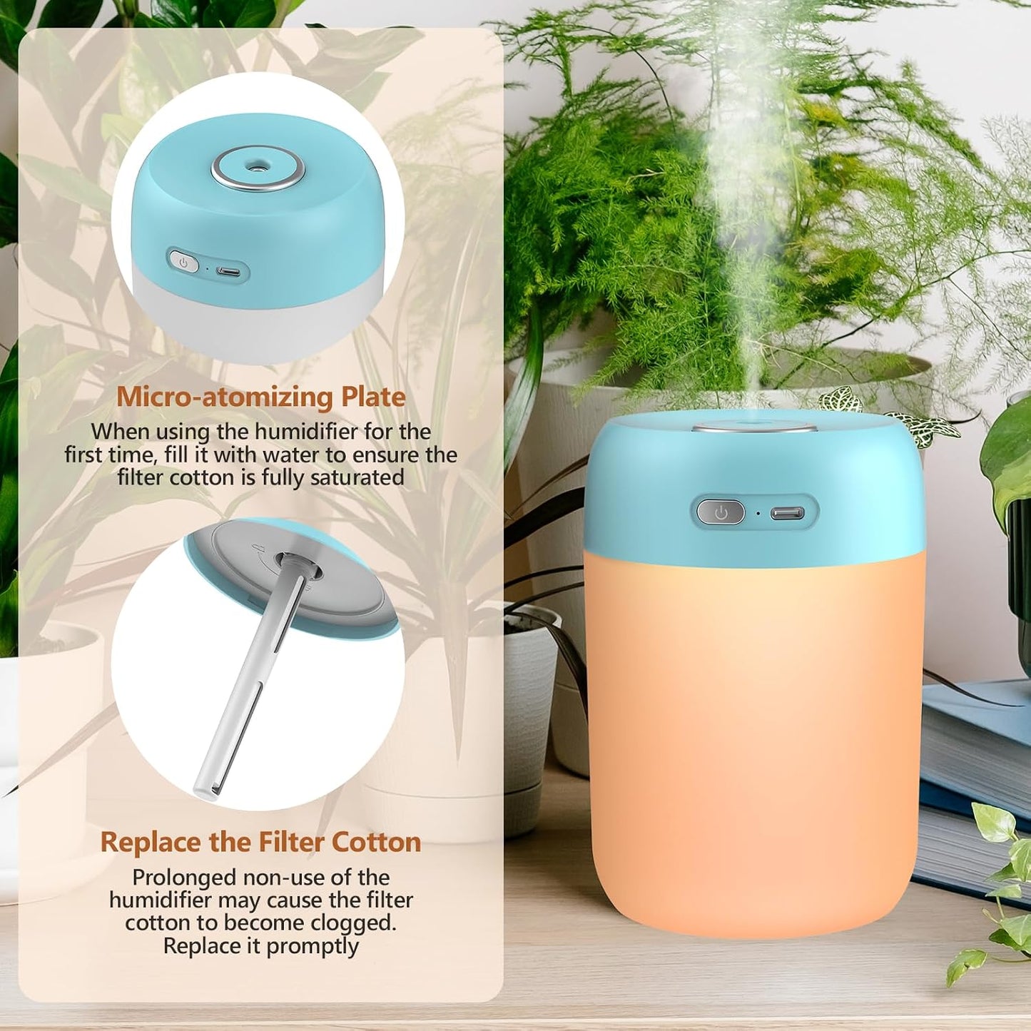 Portable Small Humidifier, 650ml Plant Humidifier, Blue | 7 Colors&Warm Light, Mini Humidifiers for Plants, Bedroom, Office, Dsektop