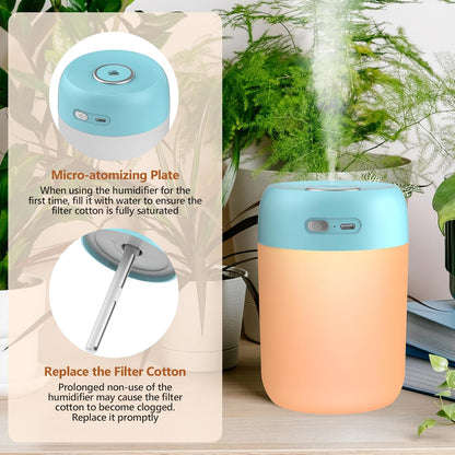 Portable Small Humidifier, 650ml Plant Humidifier, Blue | 7 Colors&Warm Light, Mini Humidifiers for Plants, Bedroom, Office, Dsektop