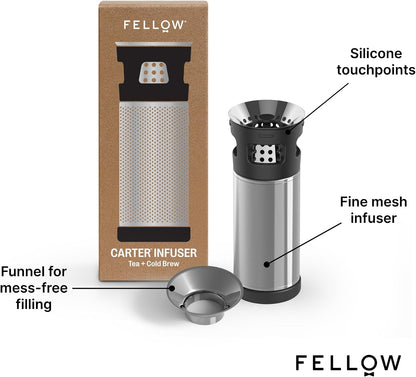 Fellow Carter Tea Infuser for Loose Leaf Tea and Cold Brew - Fine Mesh | Stainless Steel Tea Steeper, Dishwasher Safe, Snaps Into Carter Mug 16 oz, Drip Tray Included, Tea Diffuser for Mugs