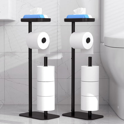 Kitsure Metal Toilet Paper Holder Free Standing, Medium, Black | Rustproof Toilet Paper Stand for 4 Rolls, Bathroom Organizers and Storage with Anti-Slip Base and Plastic Shelf