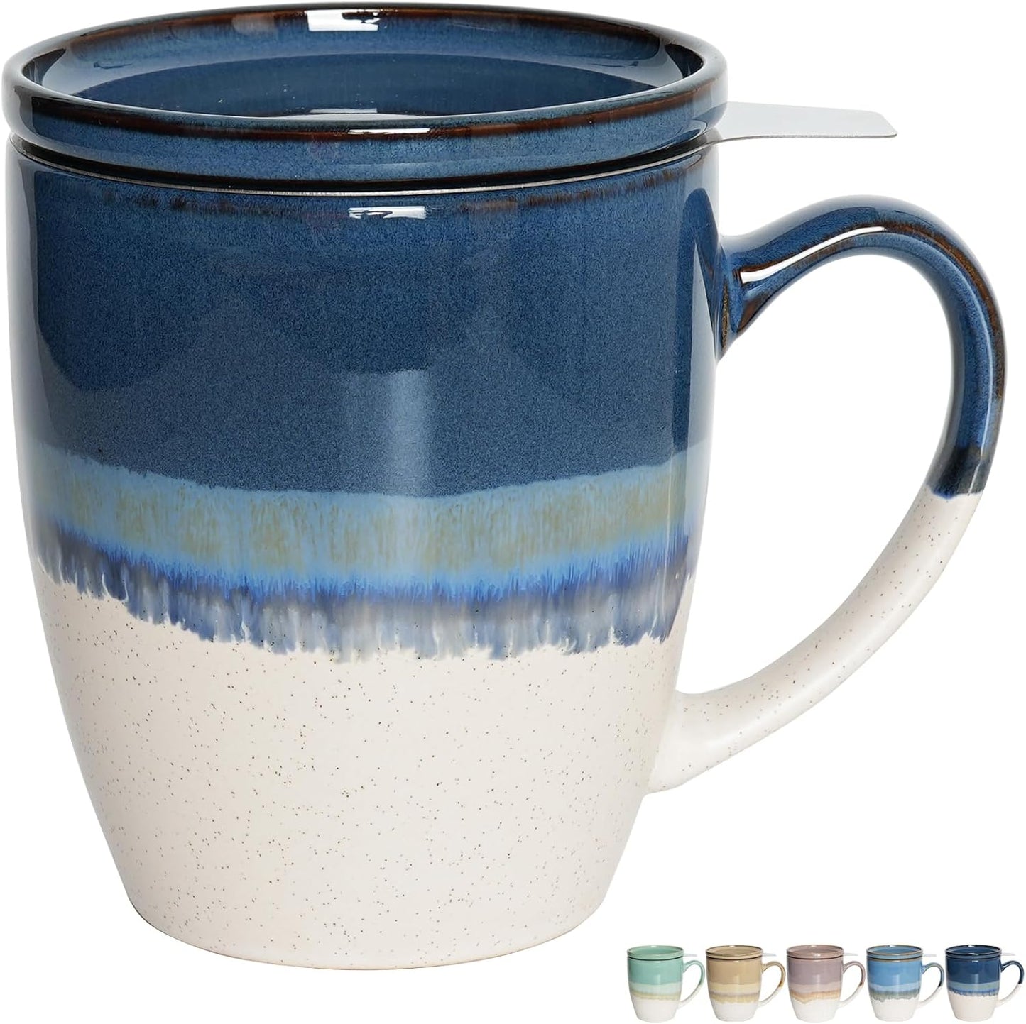 Bosmarlin Ceramic Tea Cup with Infuser and Lid, 16 Oz, 5 Colors to Choose, Dishwasher and Microwave Safe, Reactive Glaze, Steeping Tea Mug with Strainer (Purple)