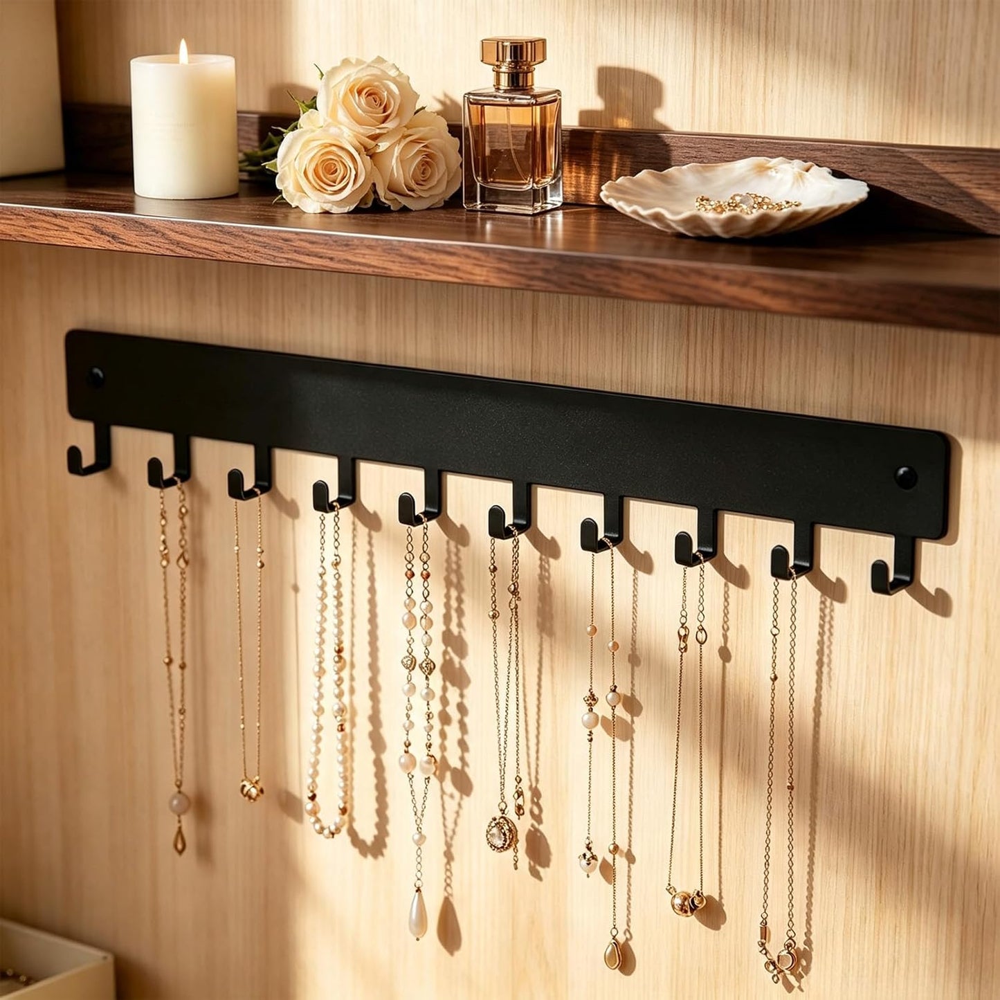 14inch Wall Key Holder with 10 Hooks(2 Sets), Metal Key Rack Wall Mount for Keys, Bags and Leashes, Key Hanger for Decorative Organizer Apartment，Entryway,livingroom,Black