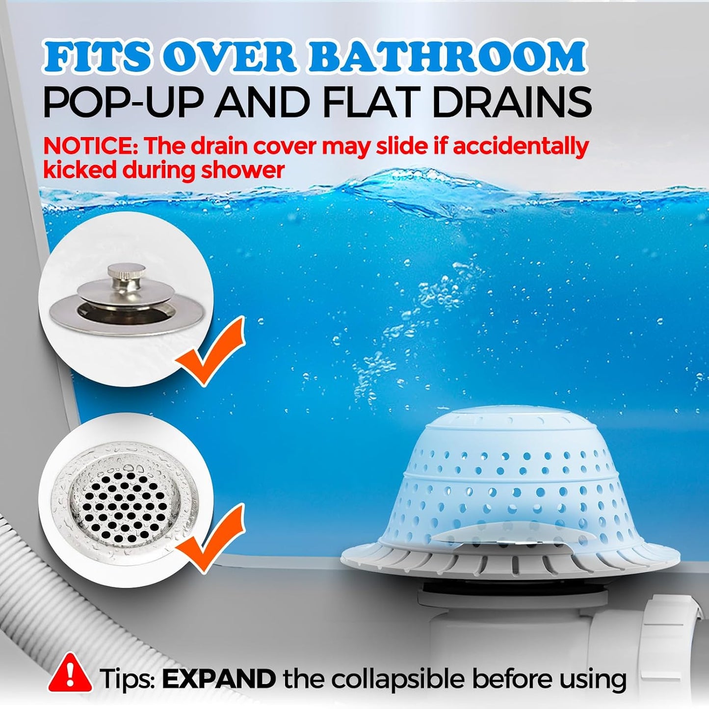 Bathtub Drain Strainer Silicone Bathroom Stopper Fixture Accessories | 2-Pack Gray Collapsible Shower Drain Hair Catcher for Pop Up Tubs, Traps Hair Before Clogs, Easy Clean for Bathroom Sinks